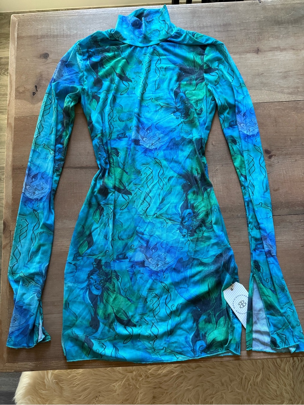 NWT Bella Barnett Blue Green Sheer Mesh Turtleneck Bodycon Mini Dress Size L